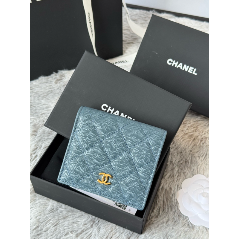 Blaues körniges Leder Chanel Kleine gefaltete Brieftasche Gold Hardware
