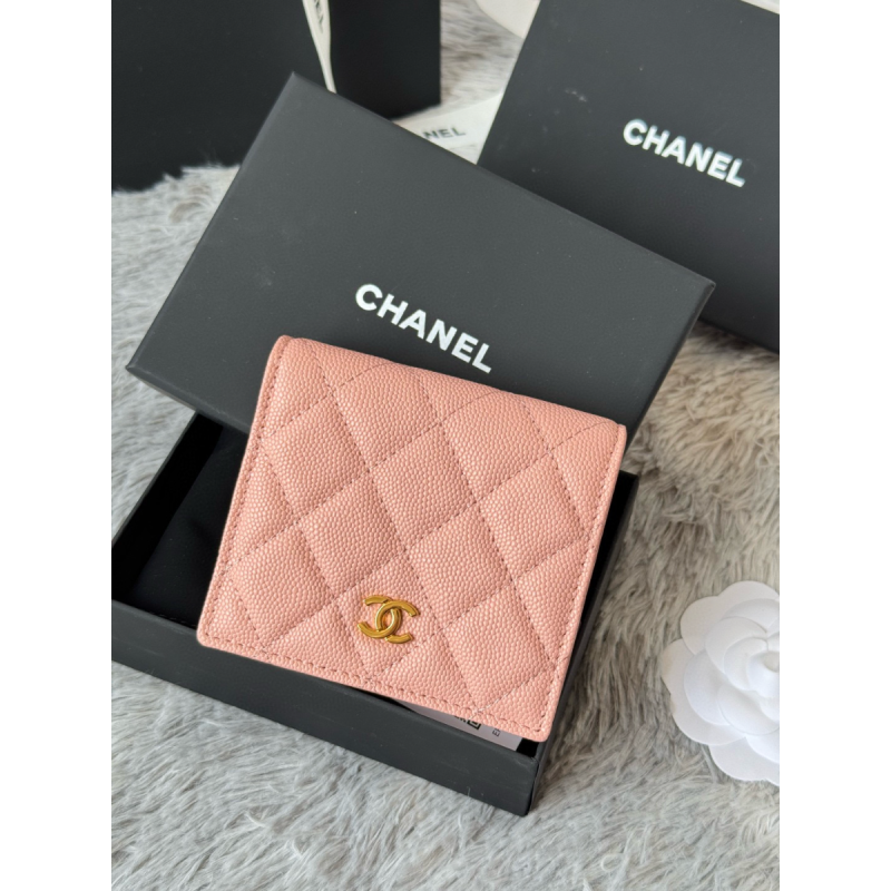 Rosa körniges Leder Chanel Kleine gefaltete Brieftasche Gold Hardware