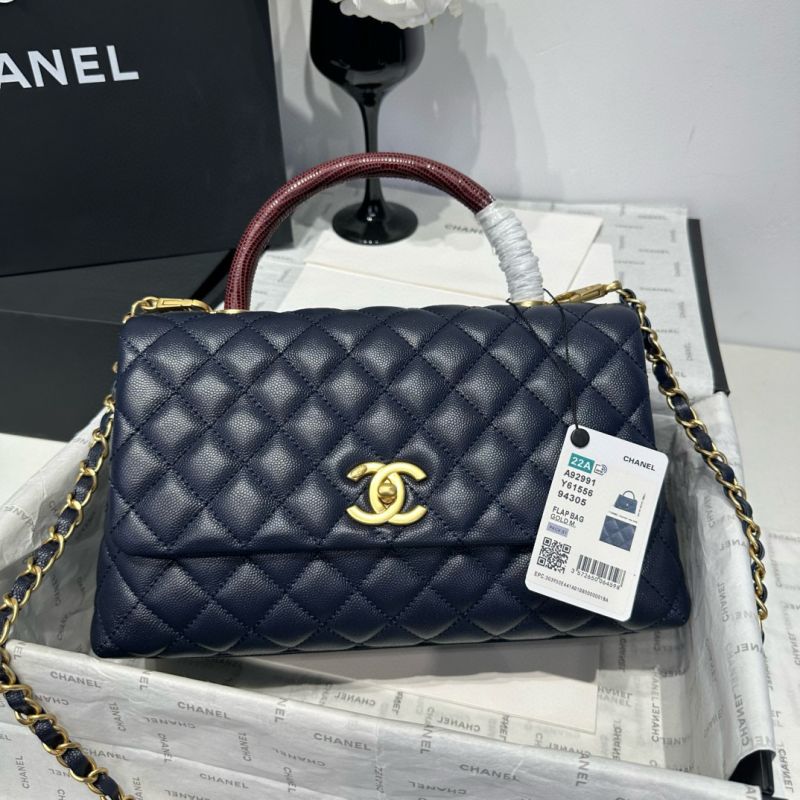 Chanel Medium Coco Handle Bag-Navy Blue with Burgundy Lizard handle
