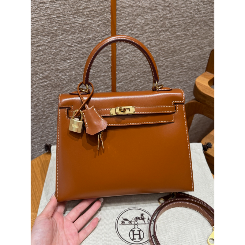 Hermes Kelly 25 / 28  in Box Leather-Brown